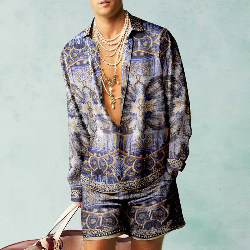 Men's Hawaiian Print Shirt & Drawstring Shorts Beach Vacation Set