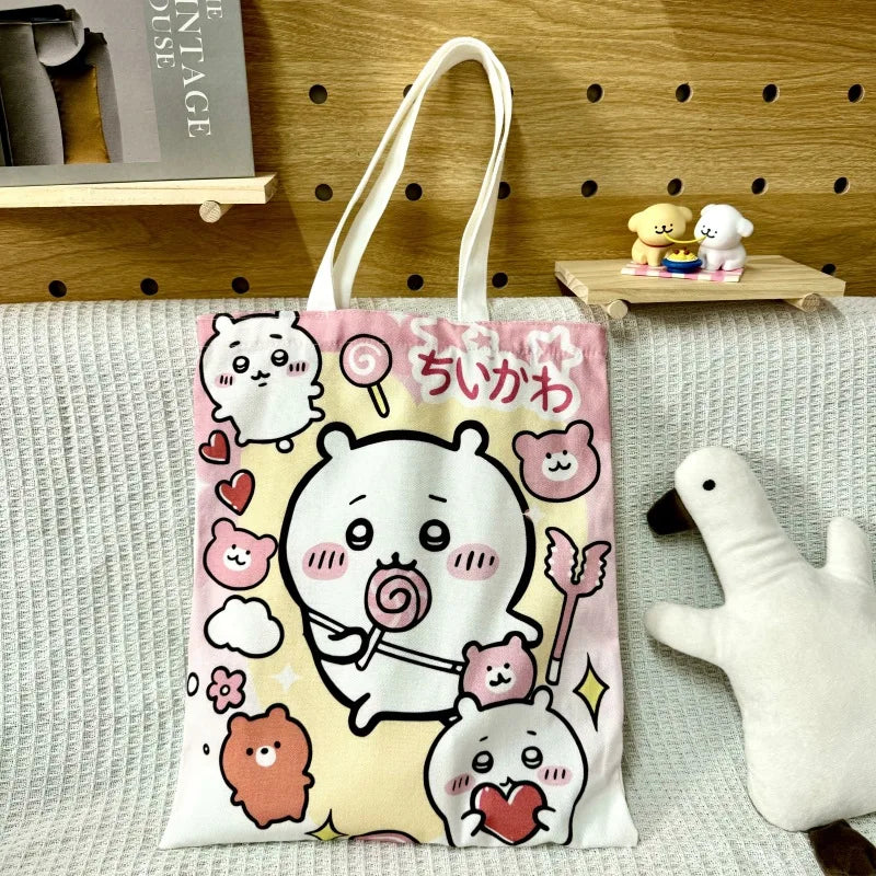 Chiikawa Hachiware Canvas Tote Bag – Large Capacity Foldable Shoulder Shopping Bag for Women