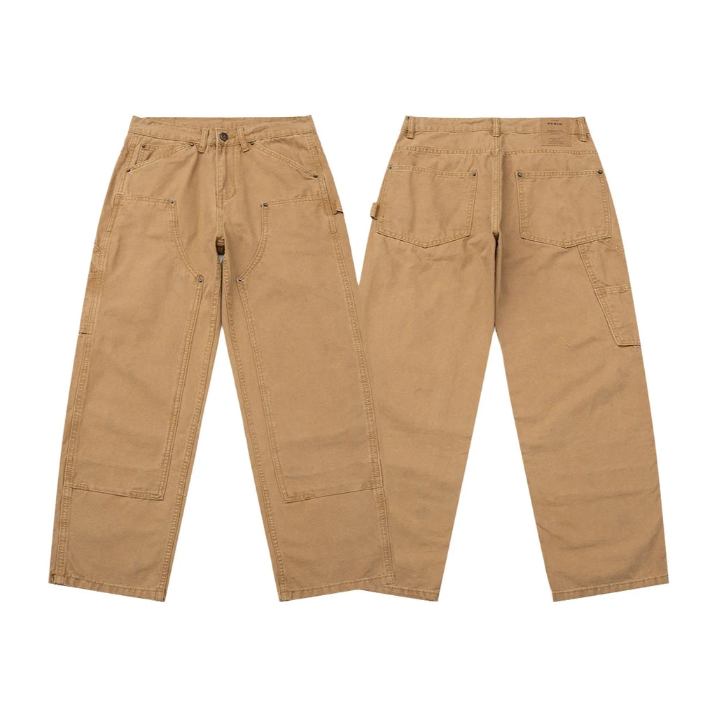 A pair of tan work pants shown from both the front and back views, laid flat on a solid white background.