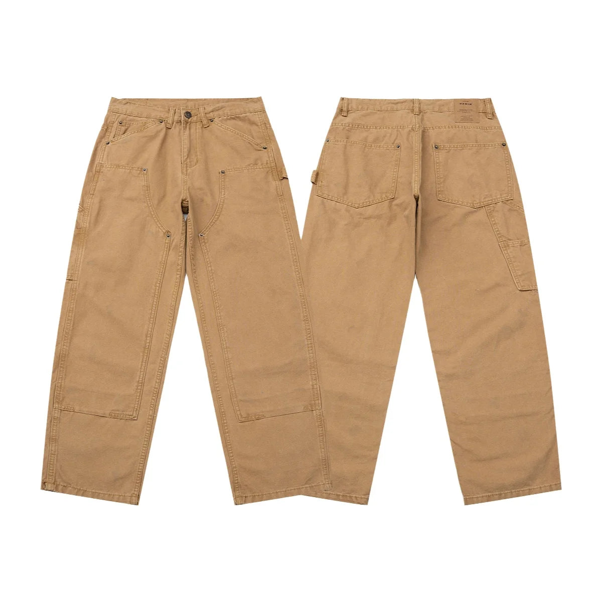A pair of tan work pants shown from both the front and back views, laid flat on a solid white background.