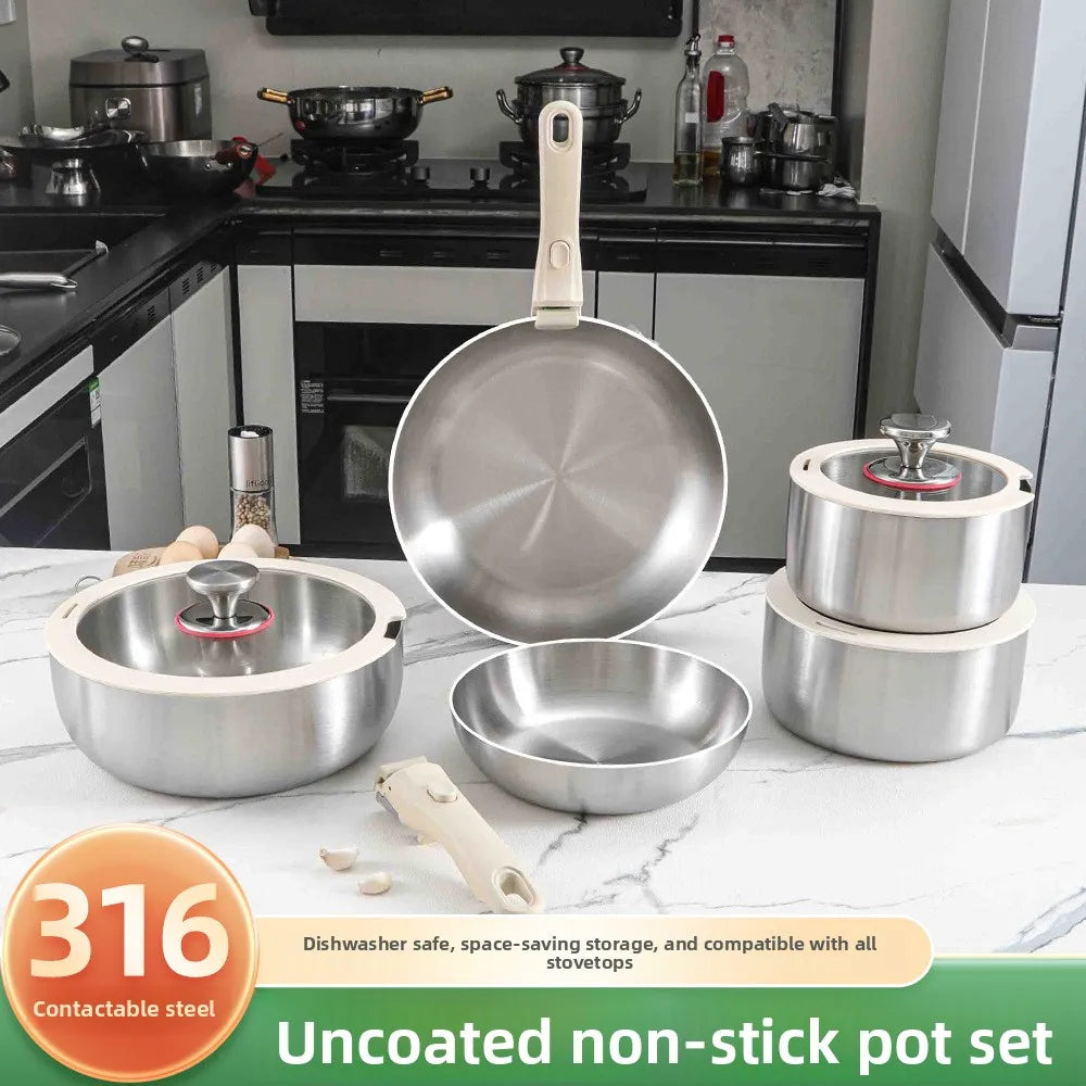 Pot and Cooking Set 316 Stainless Steel Household Full Set Six-Piece Pot Set, Detachable Handle, Uncoated Frying and Frying Wok