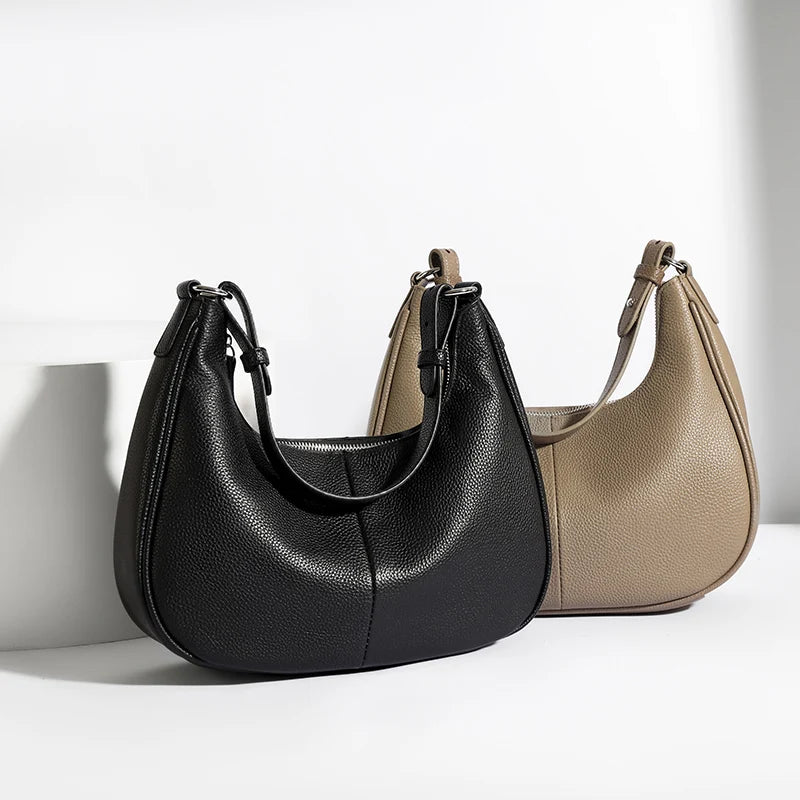 100% Genuine Cowhide Leather Half-Moon Underarm Tote Bag – Crossbody Shoulder Bag for Women