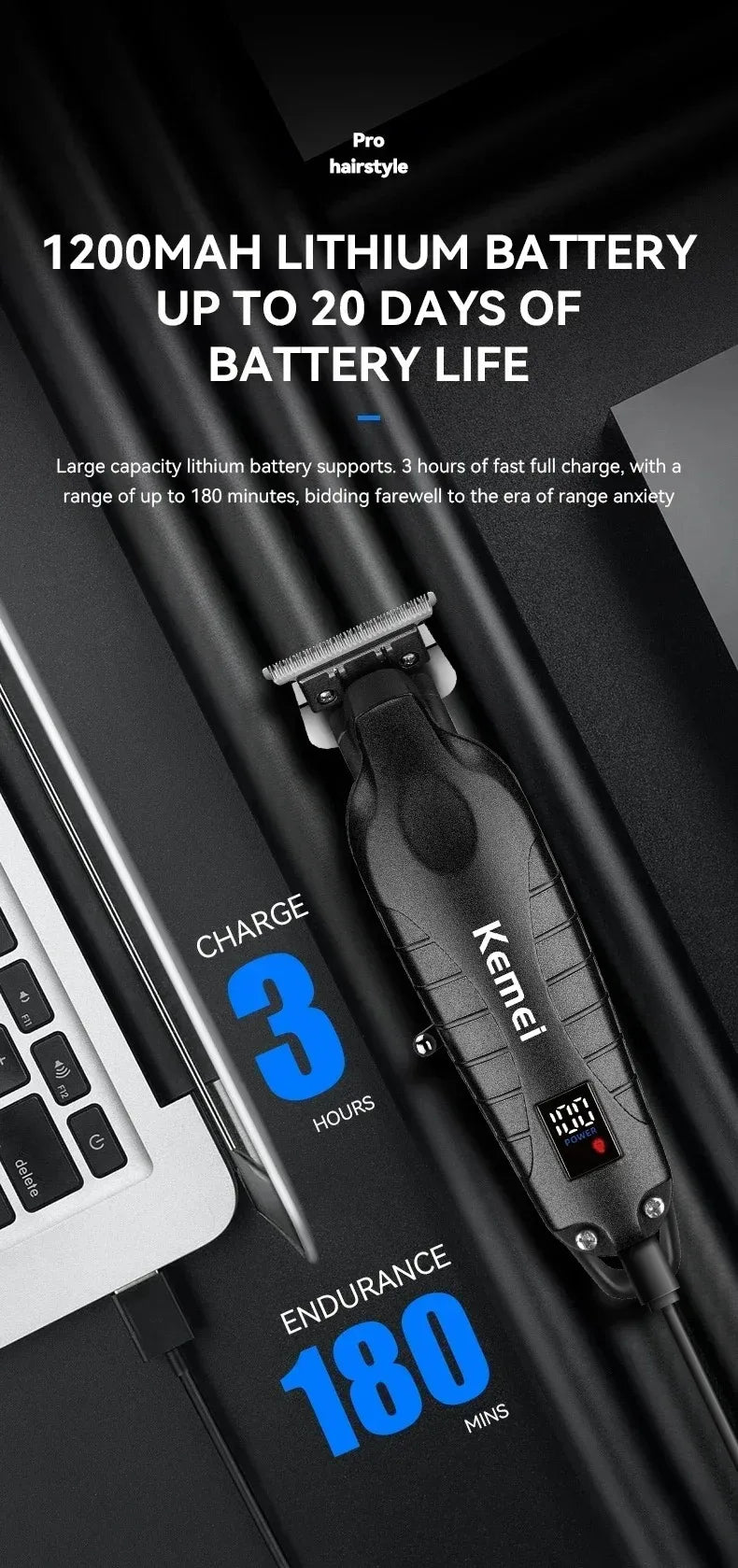 Kemei Professional Hair Clipper & Beard Trimmer – LCD Display, Wet/Dry, USB Fast Charge