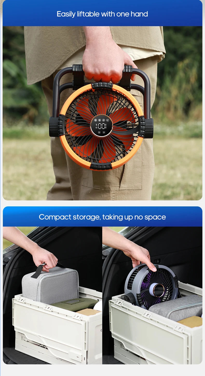 6-in-1 Portable Camping Fan – 20000mAh Rechargeable Wireless Tent Ceiling Fan with LED Light & Power Bank