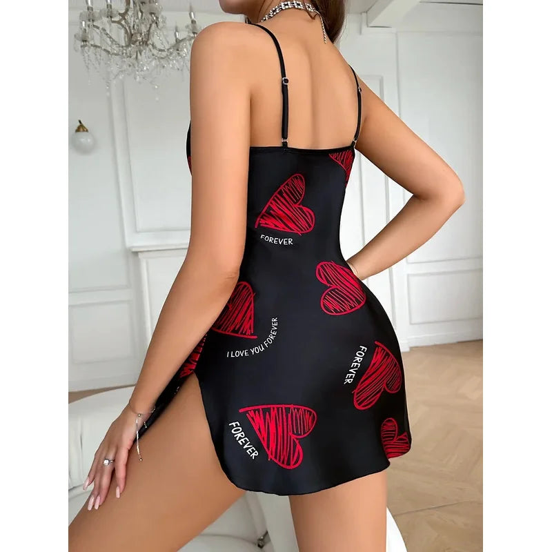 Red Lip Print Satin Slip Nightdress — V-Neck Backless Mini Sleep Dress