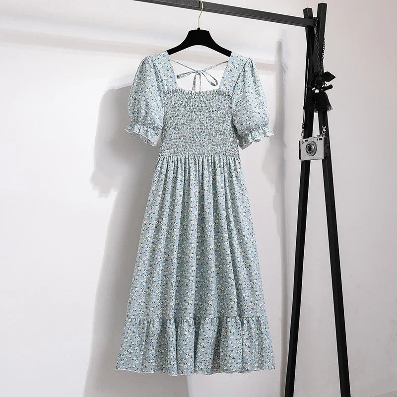 Chiffon A-Line Midi Dress — Elastic Waist Short Sleeve Casual Dress