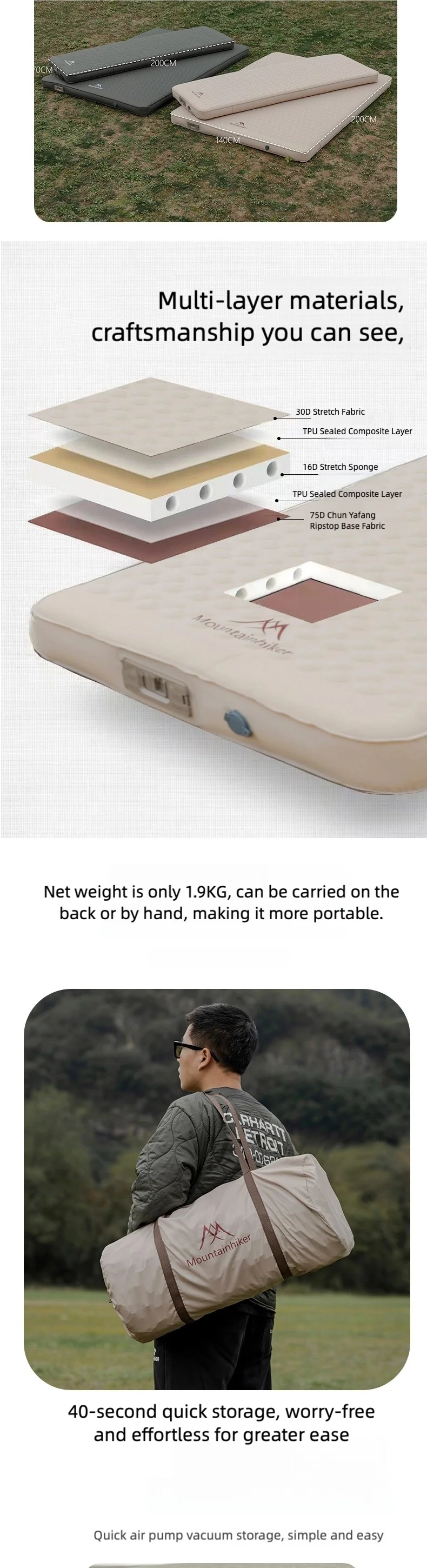 Double Self-Inflating Camping Mattress – Compact Folding Waterproof Outdoor Pad for 2