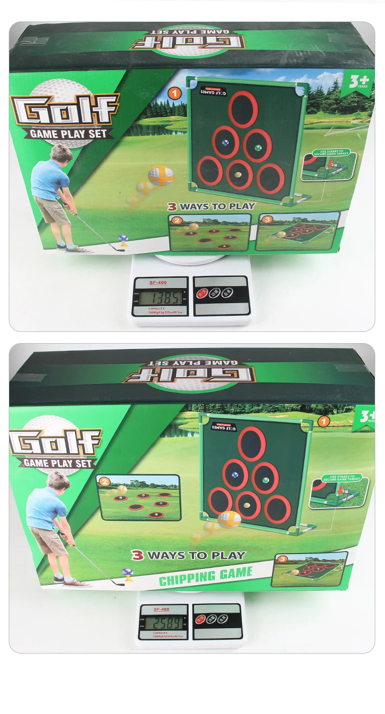 Golf game play set packaging with a golf player and golf ball on a green background.