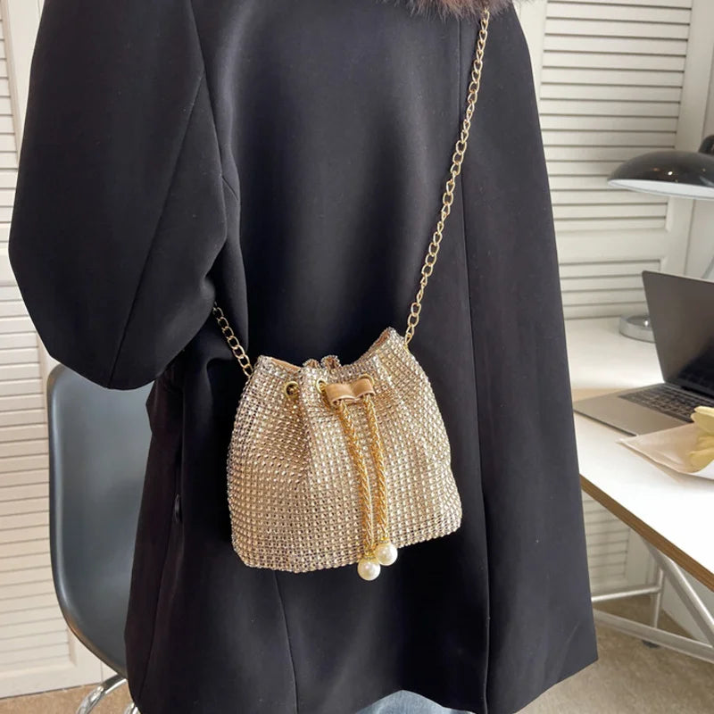 Rhinestone Drawstring Crossbody Bucket Bag – Formal Handbag for Women