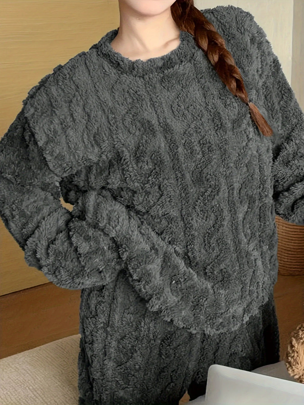 Women's Winter Plush Fleece Pajama Set – Thick Warm Jacquard Loungewear, 6 Colors
