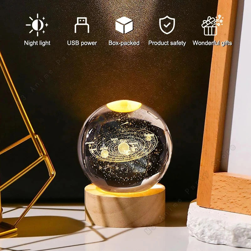 3D Crystal Ball Night Light — LED Galaxy Lamp (Saturn, Moon, Solar System) Birthday Gift
