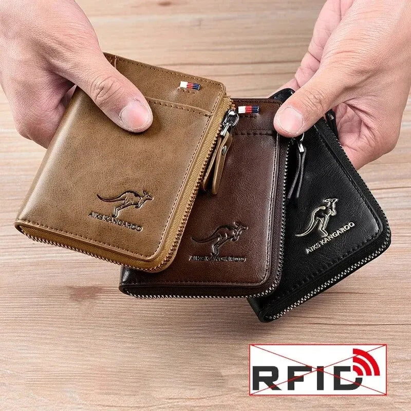 Men's RFID Leather Business Wallet – Zipper Card Holder Purse with RFID Protection