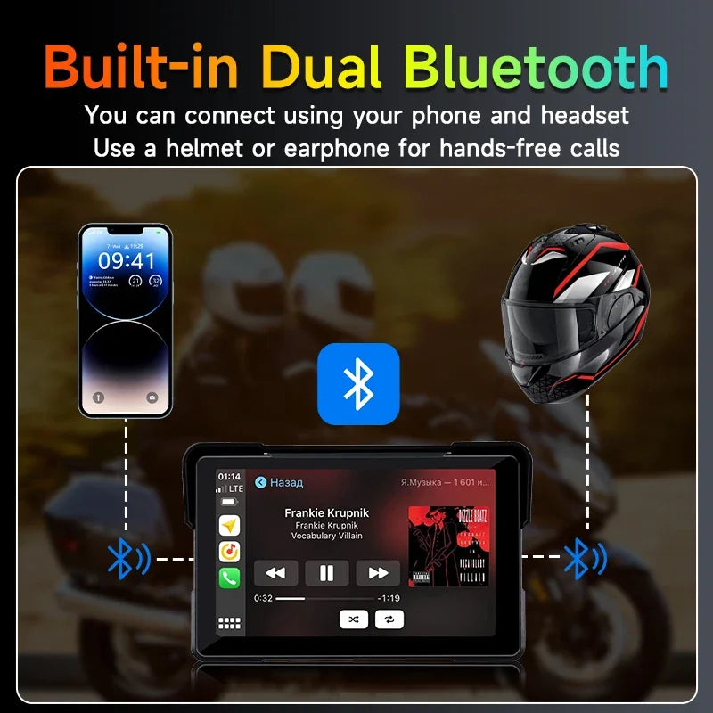 5"/7" Motorcycle CarPlay Screen – Wireless CarPlay & Android Auto, GPS Navigation, Dual Bluetooth, IPX7