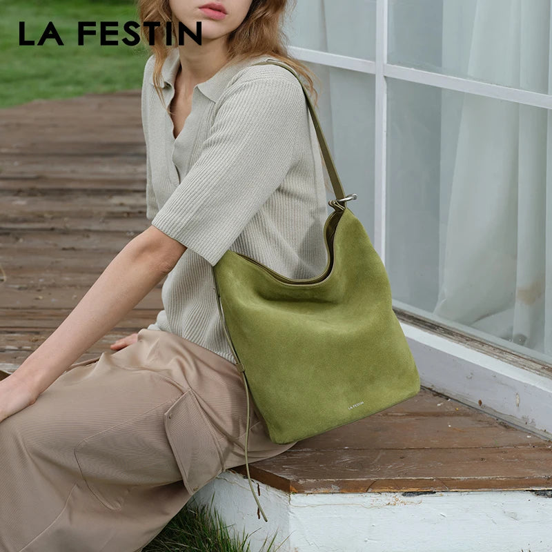 LA FESTIN Genuine Leather Bucket Bag – Designer Crossbody Shoulder Handbag for Women