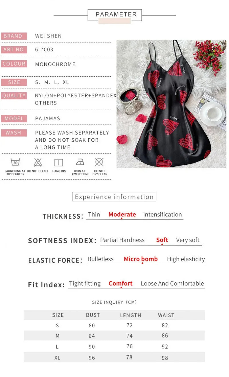 Red Lip Print Satin Slip Nightdress — V-Neck Backless Mini Sleep Dress