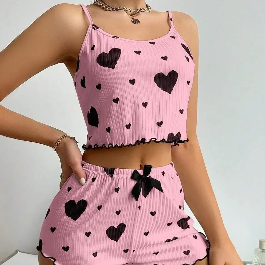 Women's Kawaii Y2K Lolita Heart Silk Pajama Set | Cami Top & Shorts Loungewear