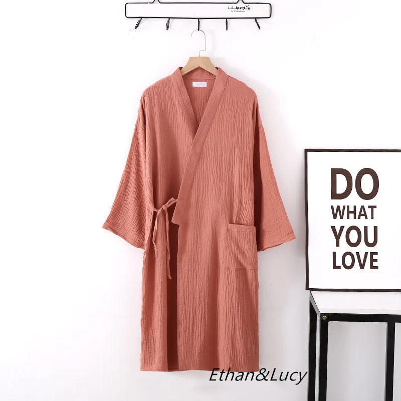 Couples 100% Cotton Crepe Gauze Robe | Long-Sleeve V-Neck Kimono Wedding Bathrobe