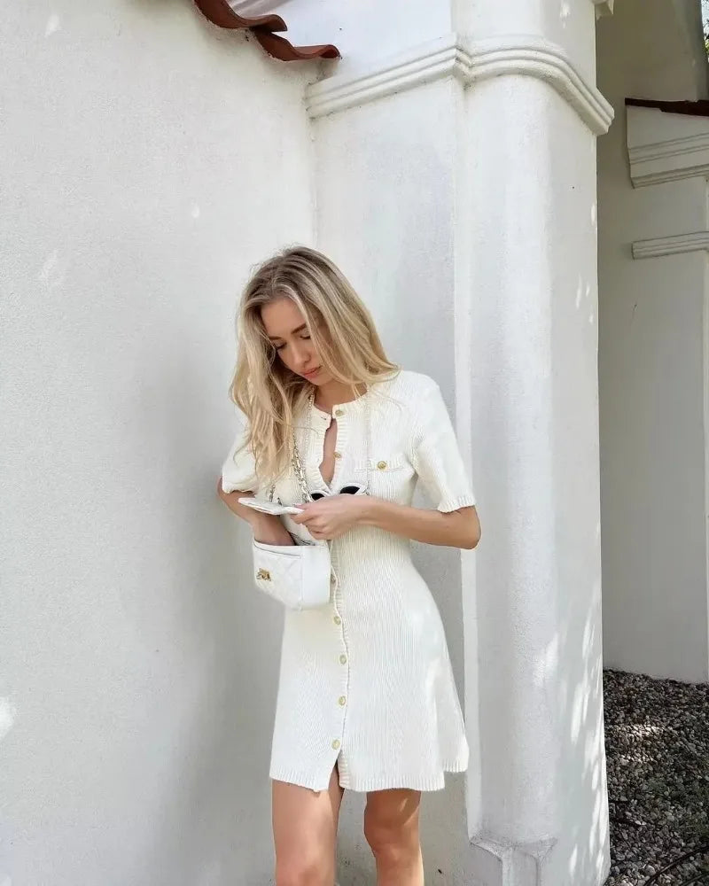 Elegant Knit Rib Mini Dress — High Waist Short Sleeve Bodycon Sweater Dress