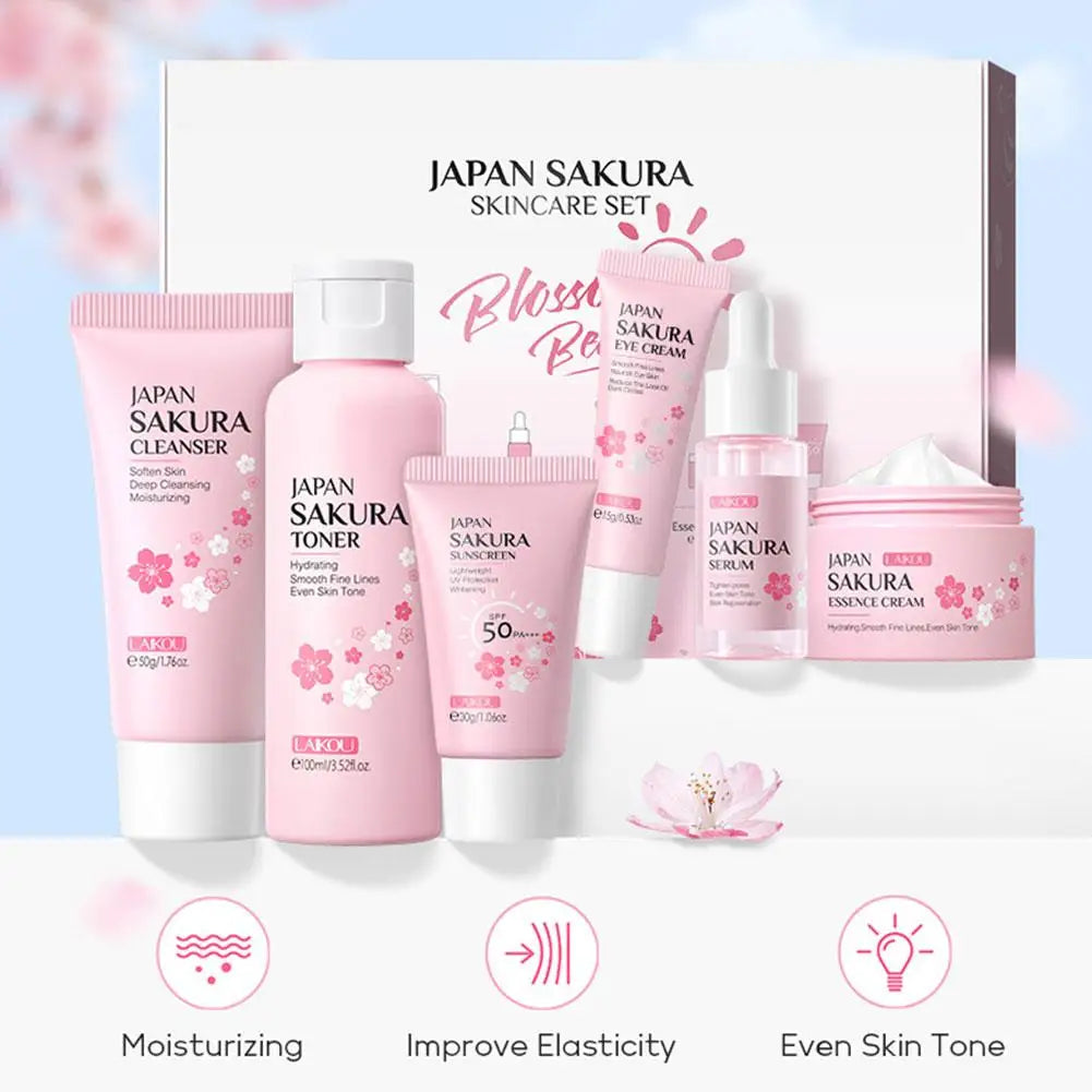 LAIKOU Sakura 6-Piece Skincare Gift Set – Full Routine with Cleanser, Toner, Serum, Eye Cream, Cream & Sunscreen