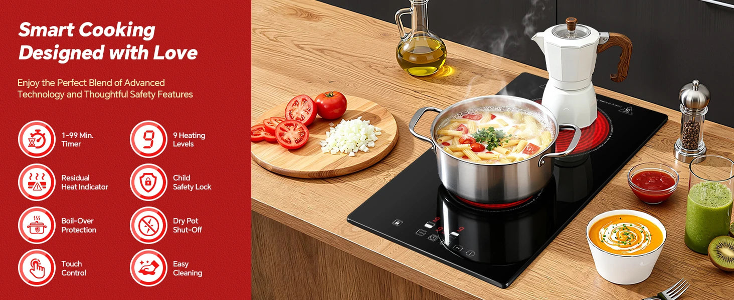2-Zone Ceramic Hob – 3000W, Child Lock, 9 Heat Levels, 1-99 Min Timer, 60cm Black Glass (CE Certified)