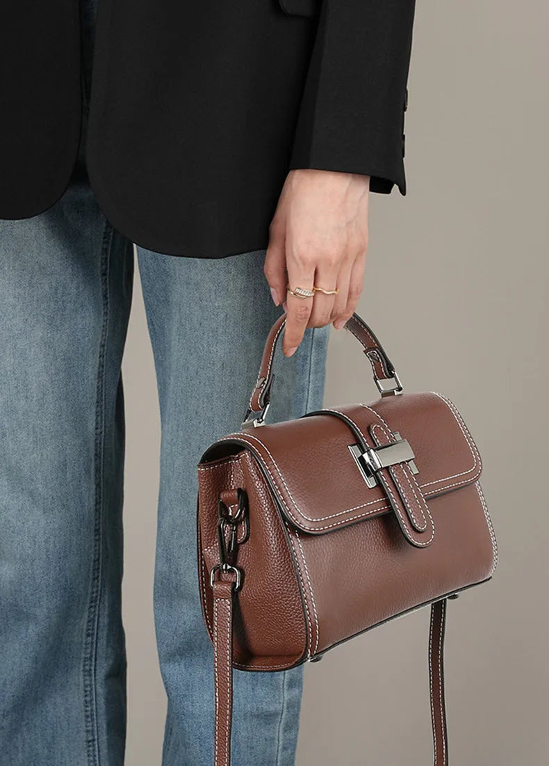 Genuine Cow Leather Square Satchel Shoulder Bag – All-Match Crossbody Messenger Handbag for Women