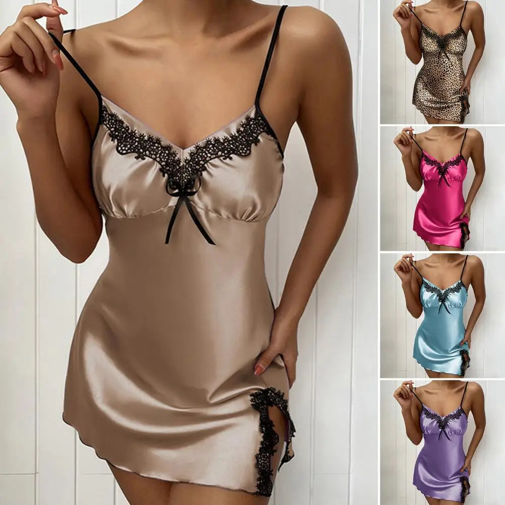 Silky Satin Spaghetti Strap Sleep Dress — Deep V Nightgown