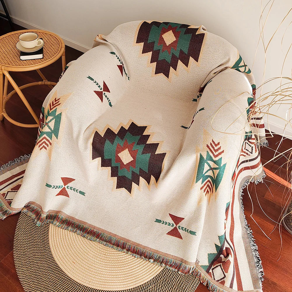 Aztec Boho Throw Blanket with Fringe – Oversized Southwestern Geometric Tapestry, Double-Sided Woven