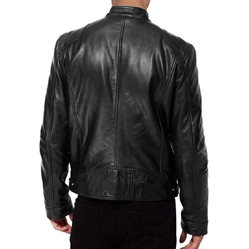 Men's Faux Leather Biker Jacket – Stand Collar Zip Front