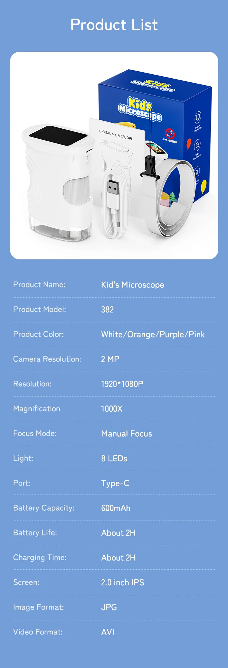 1000X Handheld Digital Microscope for Kids — 2" HD Screen, Rechargeable, Portable STEM Gift