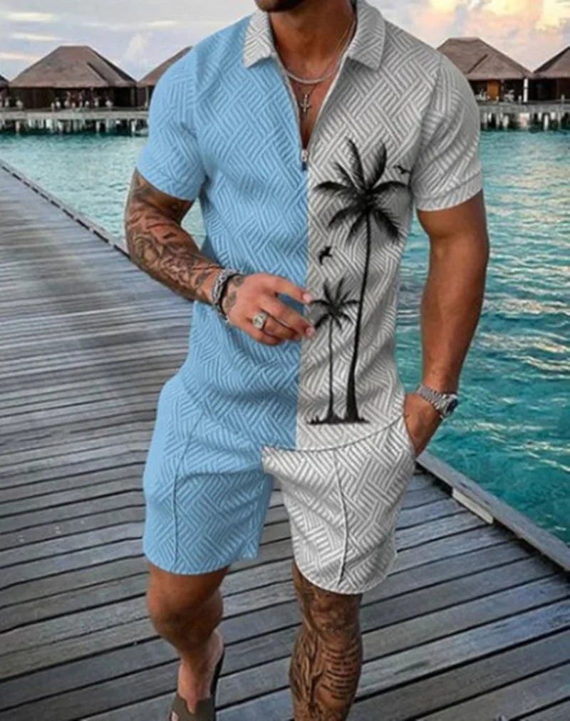 Men's 3D Printed Summer Tracksuit Set – Short Sleeve Polo Shirt & Shorts