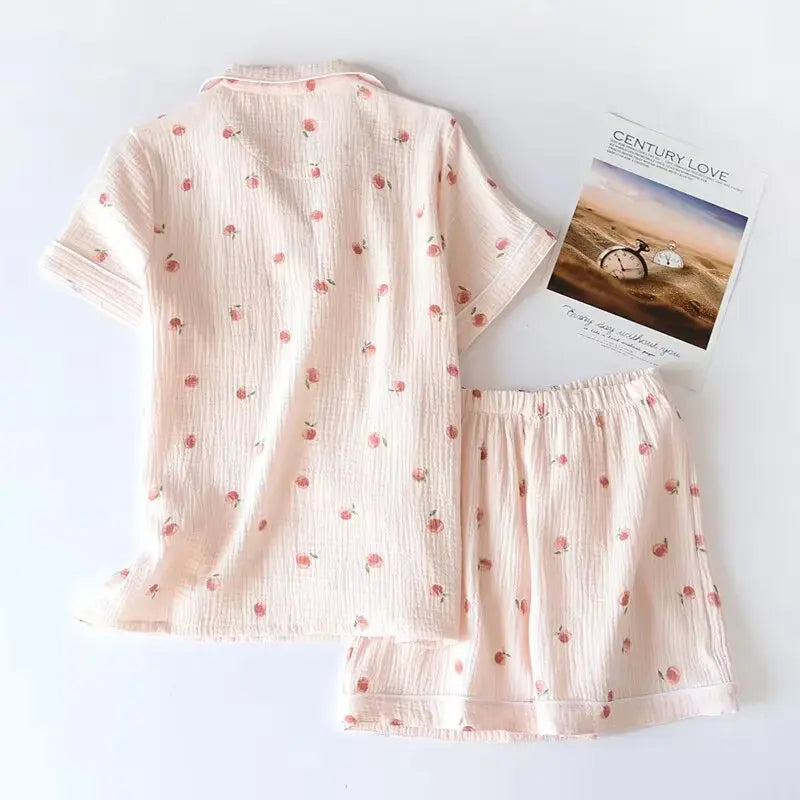 Women's 100% Cotton Short Sleeve Shorts Pajamas Set | Thin Crepe Cloth Spring Autumn Loose Homewear