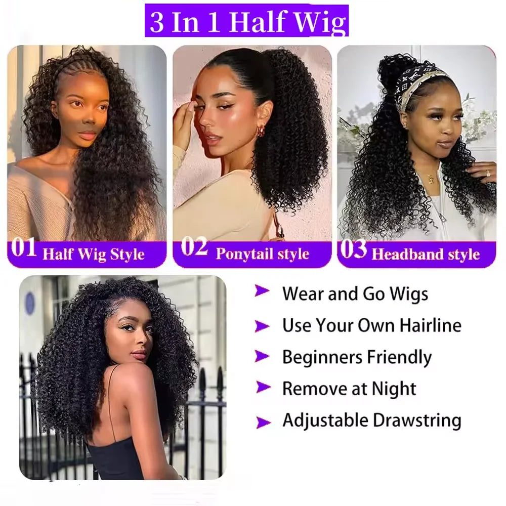 16 Inch Curly Half Wig | 3-in-1 Seamless Flip-Over Water Wave Drawstring Human Hair 200 Density