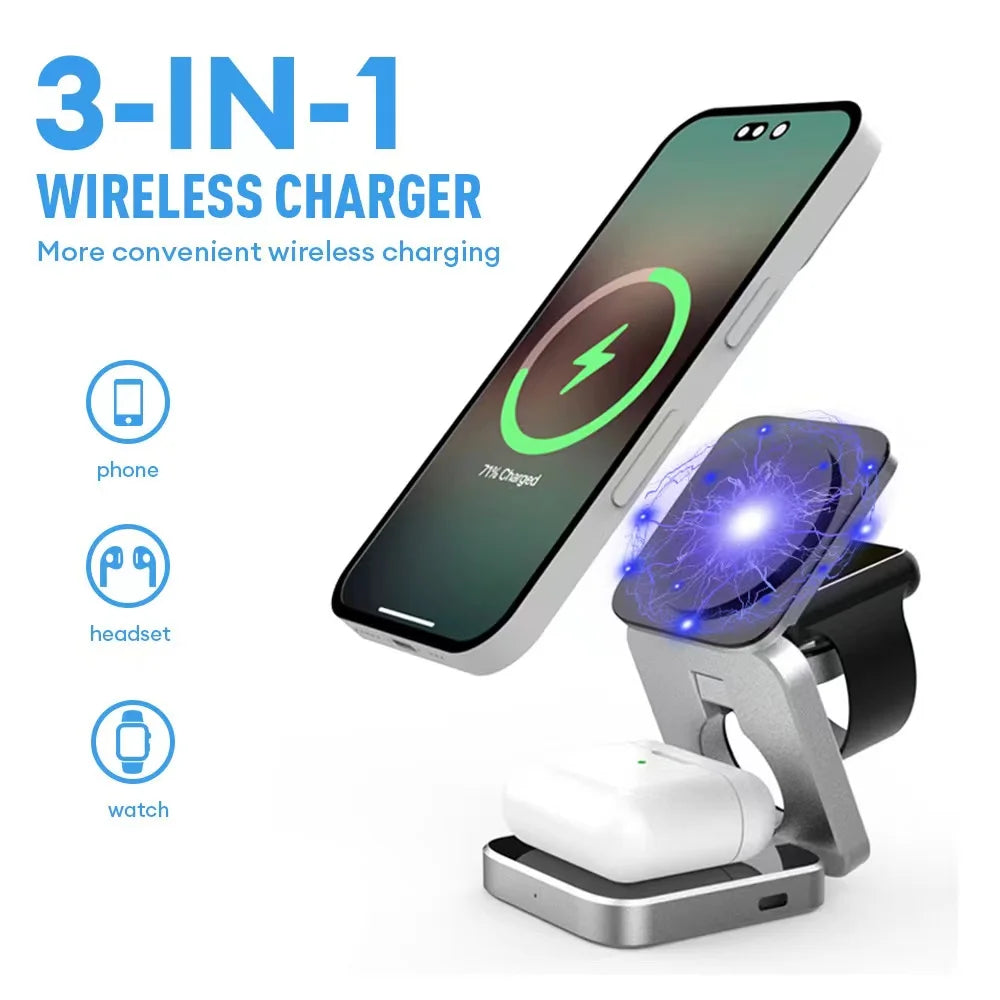 Foldable 3-in-1 Magnetic Wireless Charging Station for iPhone 12–17, Apple Watch & AirPods – Travel Charger