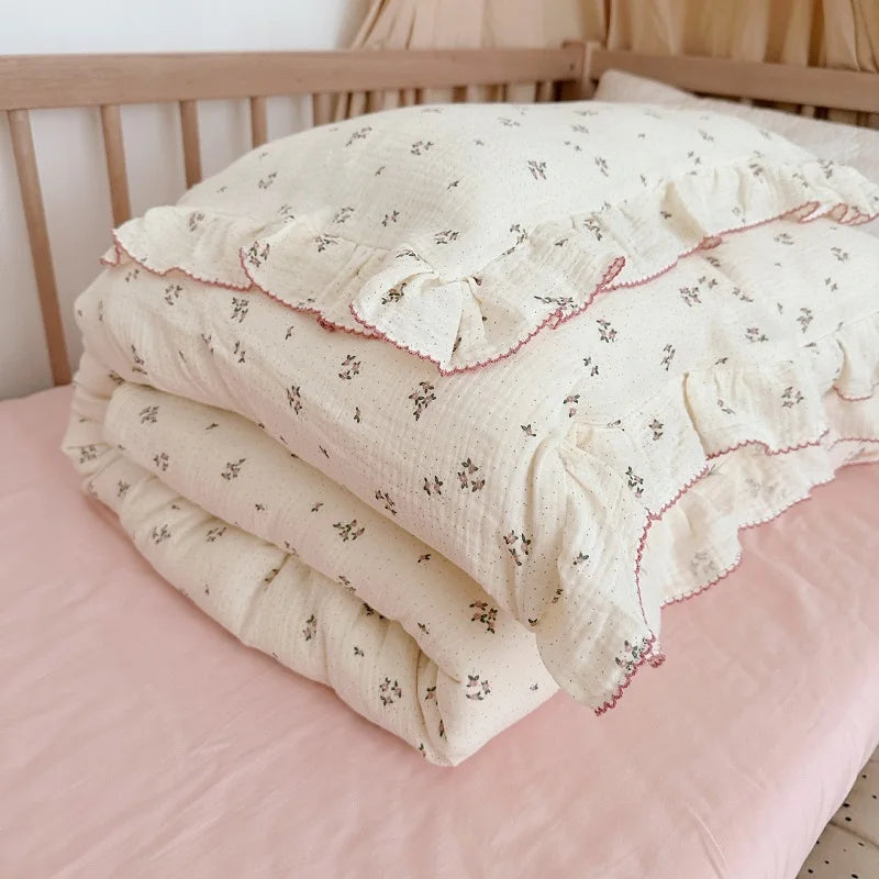 Princess Ruffle Bedding Set – 100% Cotton Gauze Duvet Cover with Pillowcases, Floral, 3-Piece
