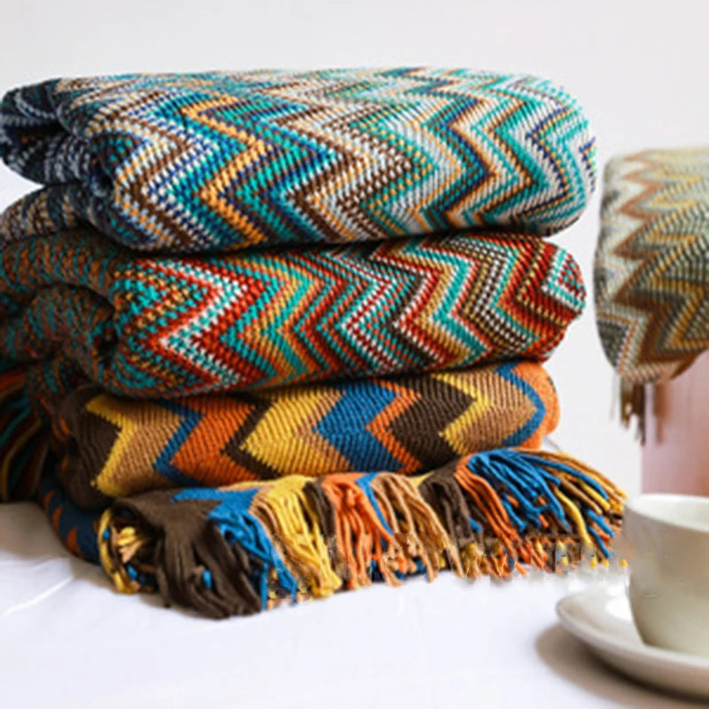 Boho Aztec Throw Blanket – Woven Plaid Sofa Cover, Wall Tapestry & Bed Blanket