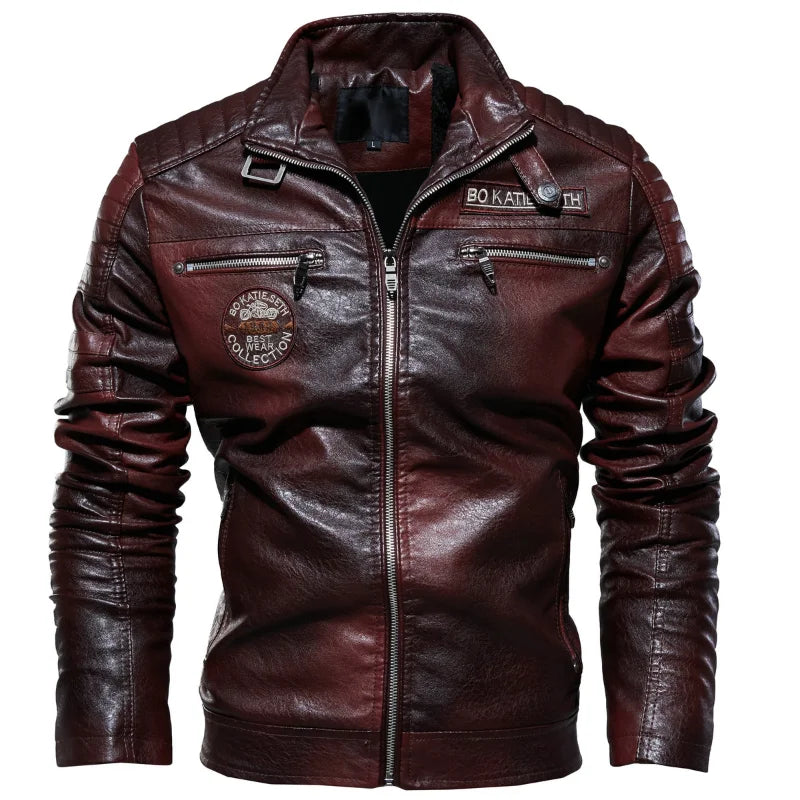 Men's Fleece-Style Faux Leather Jacket – Stand Collar