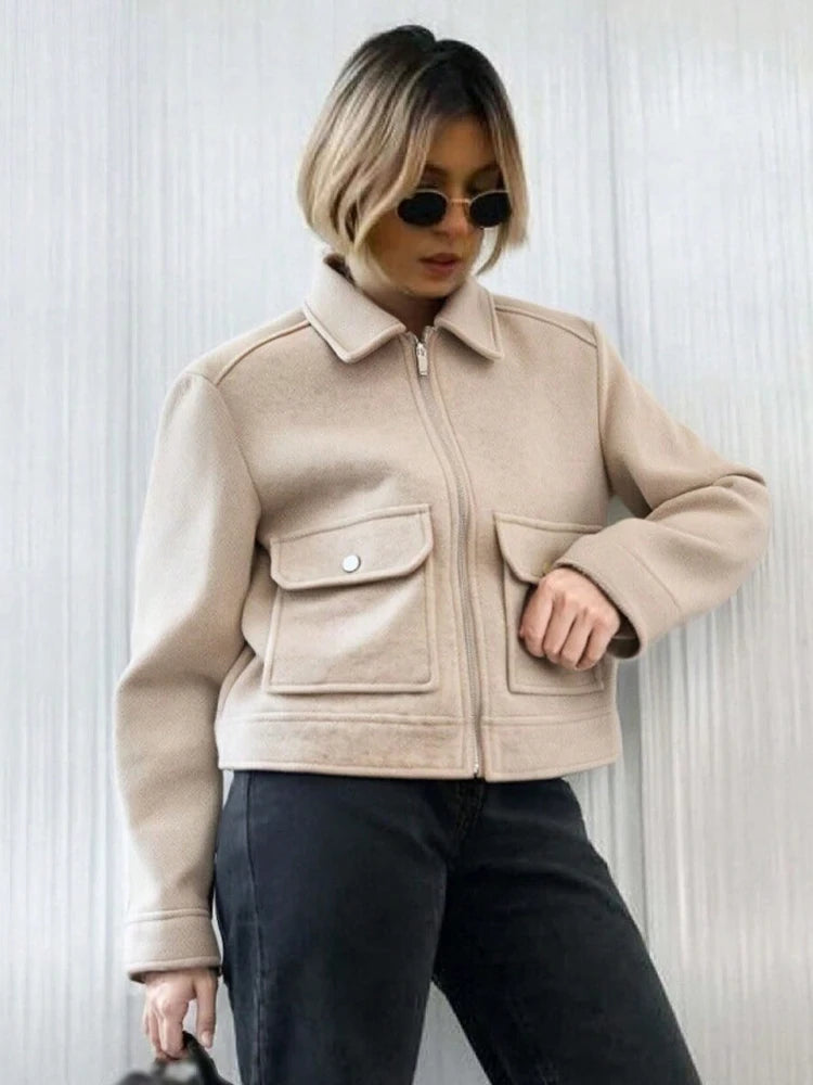 Women's Short Zip-Up Jacket Coat – Elegant Street Outerwear with Pockets