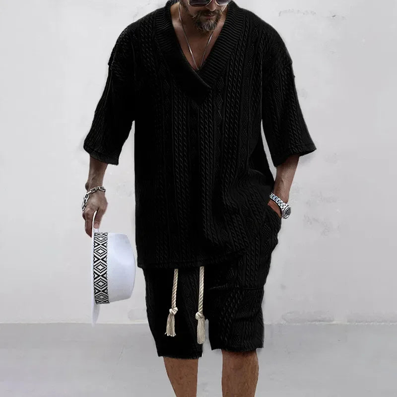 Men's Knitted V-Neck T-Shirt & Shorts Set – Casual Streetwear 2-Piece Outfit