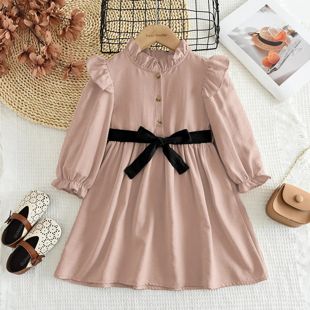 Girls Long Sleeve Stand Collar Dress — Solid Color Casual Dress (3–7 Years)
