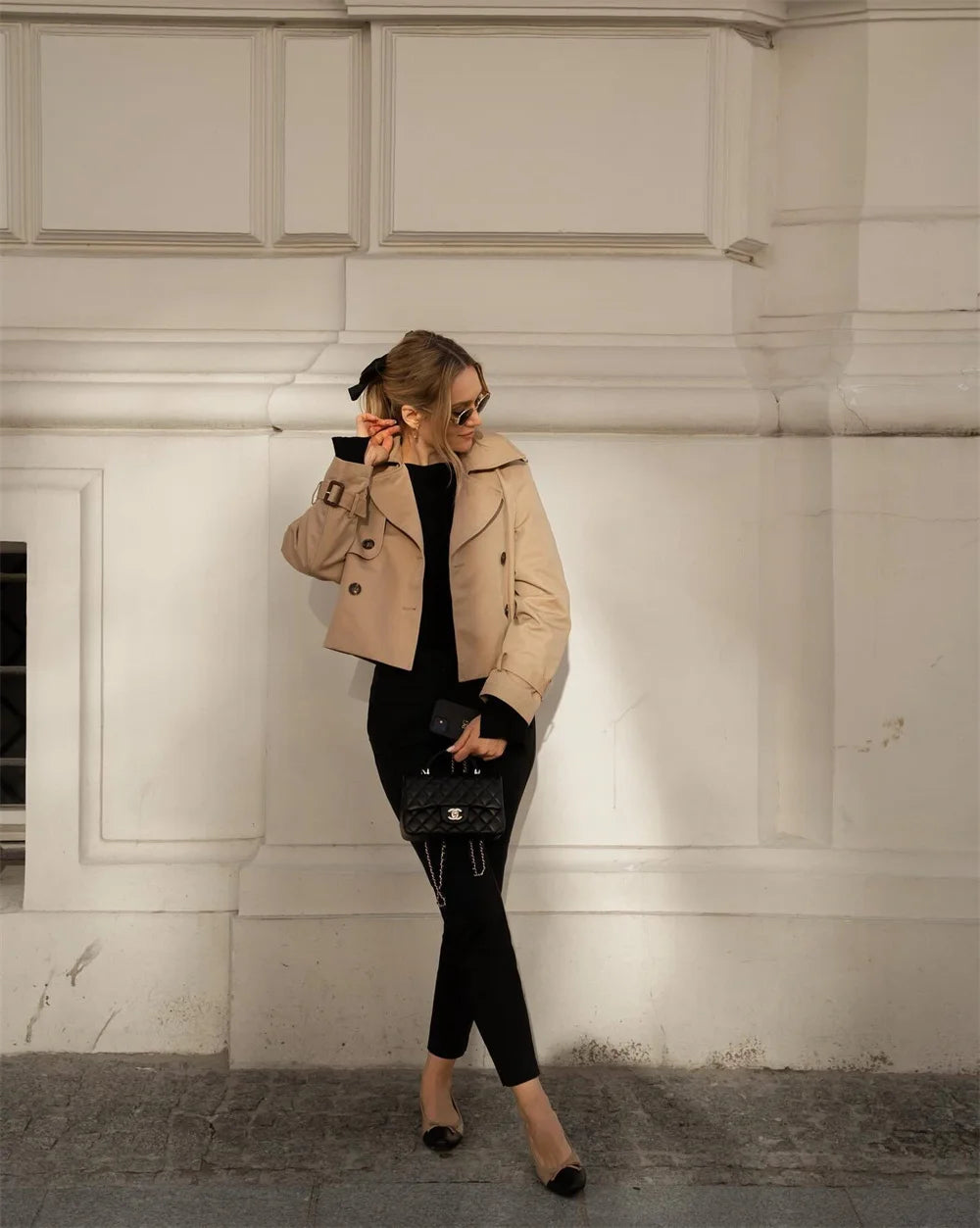 Women's Vintage Cropped Trench Jacket – Double-Breasted High-Waist Streetwear Coat