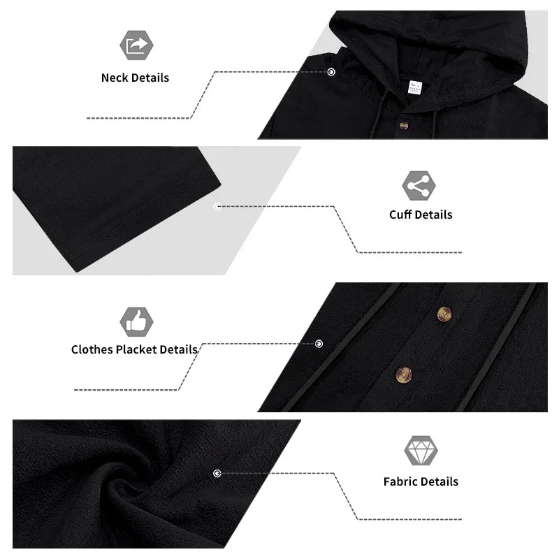 Men's Linen Casual Loose Hooded Henley Shirt & Long Pants Set – Relaxed Autumn 2-Piece Suit