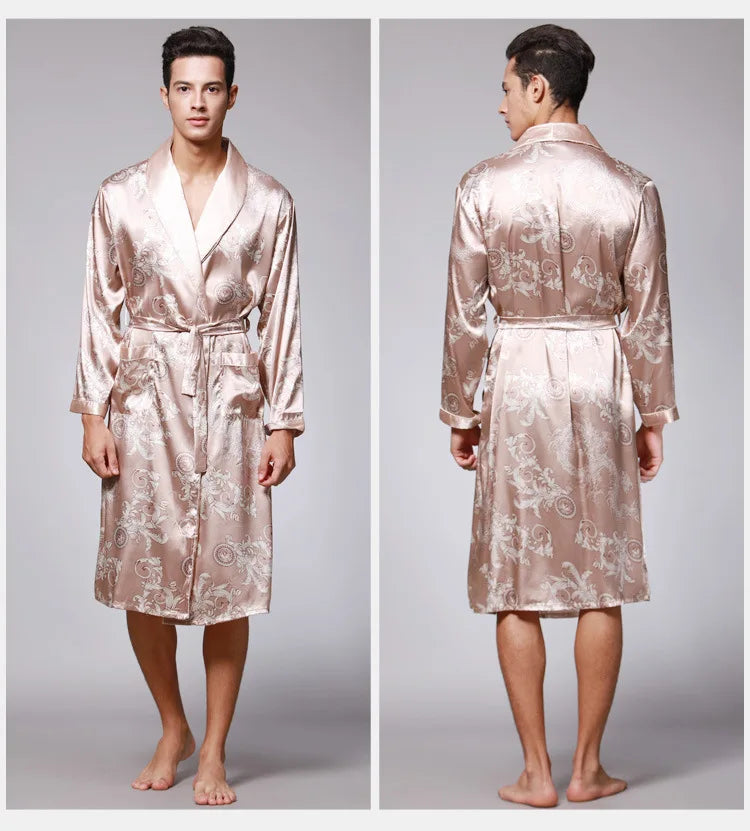Men's Dragon Print Kimono Bathrobe — Plus Size Satin Robe