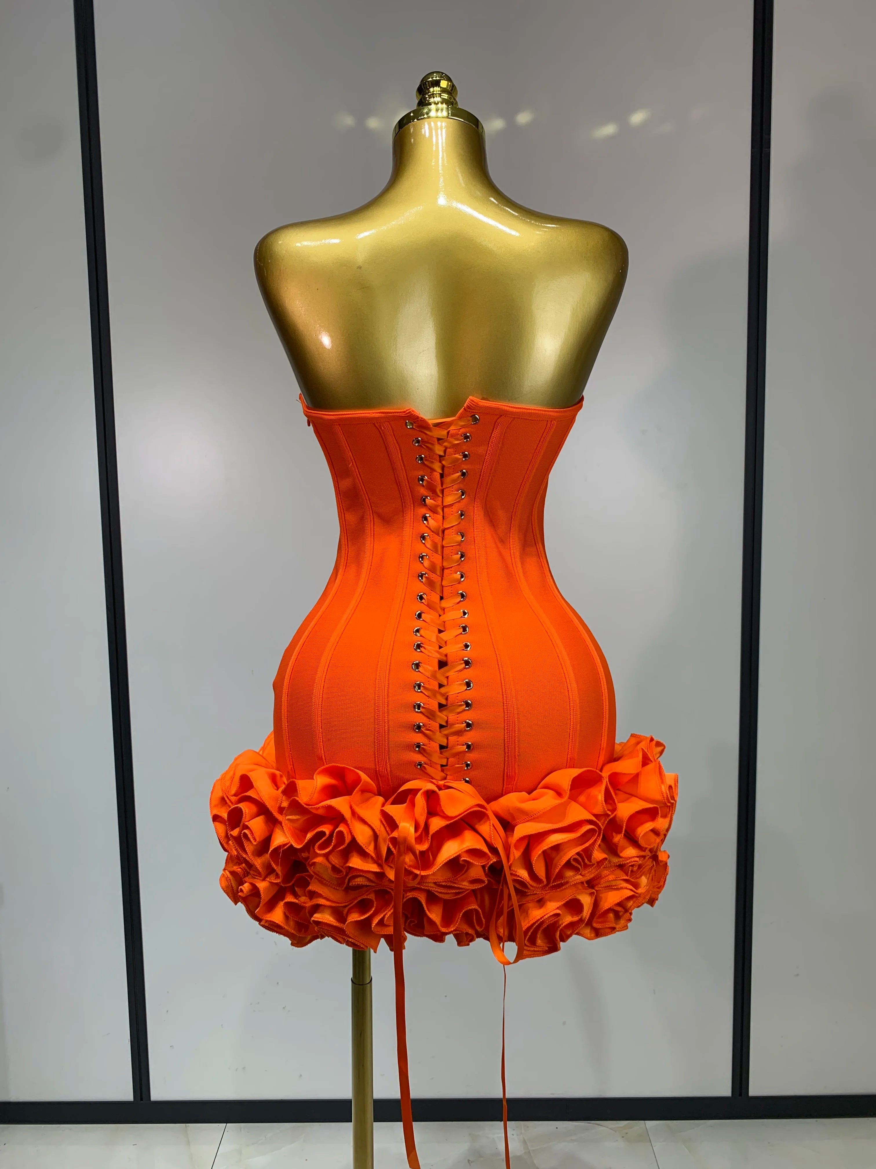 Flower Embellished Strapless Bandage Mini Dress — Backless Bodycon Celebrity Party Dress
