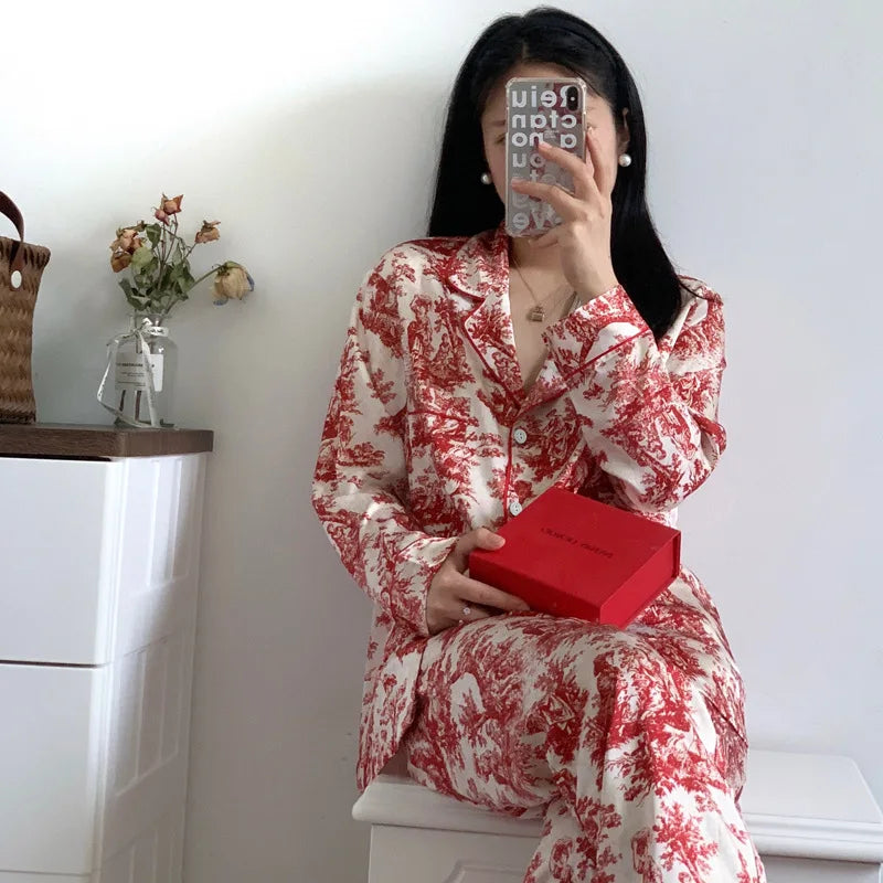 Women's Floral Print Satin 2-Piece Pajama Set | Loose Lounge Wear Homewear Suit