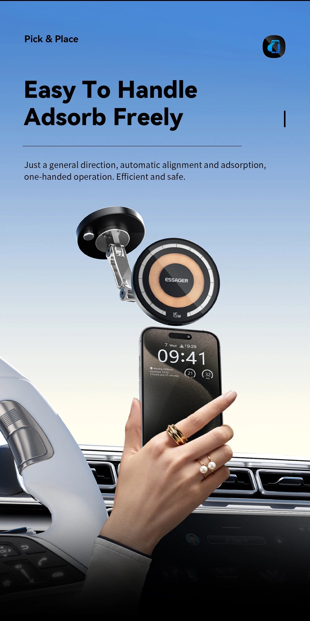 Essager Magnetic Wireless Car Charger & Phone Mount – 15W MagSafe iPhone 15 14 13