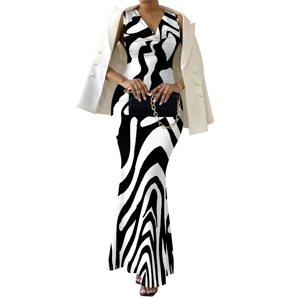 Colorful Geometric Off-Shoulder Maxi Dress — Artistic Party Evening Resortwear Dress