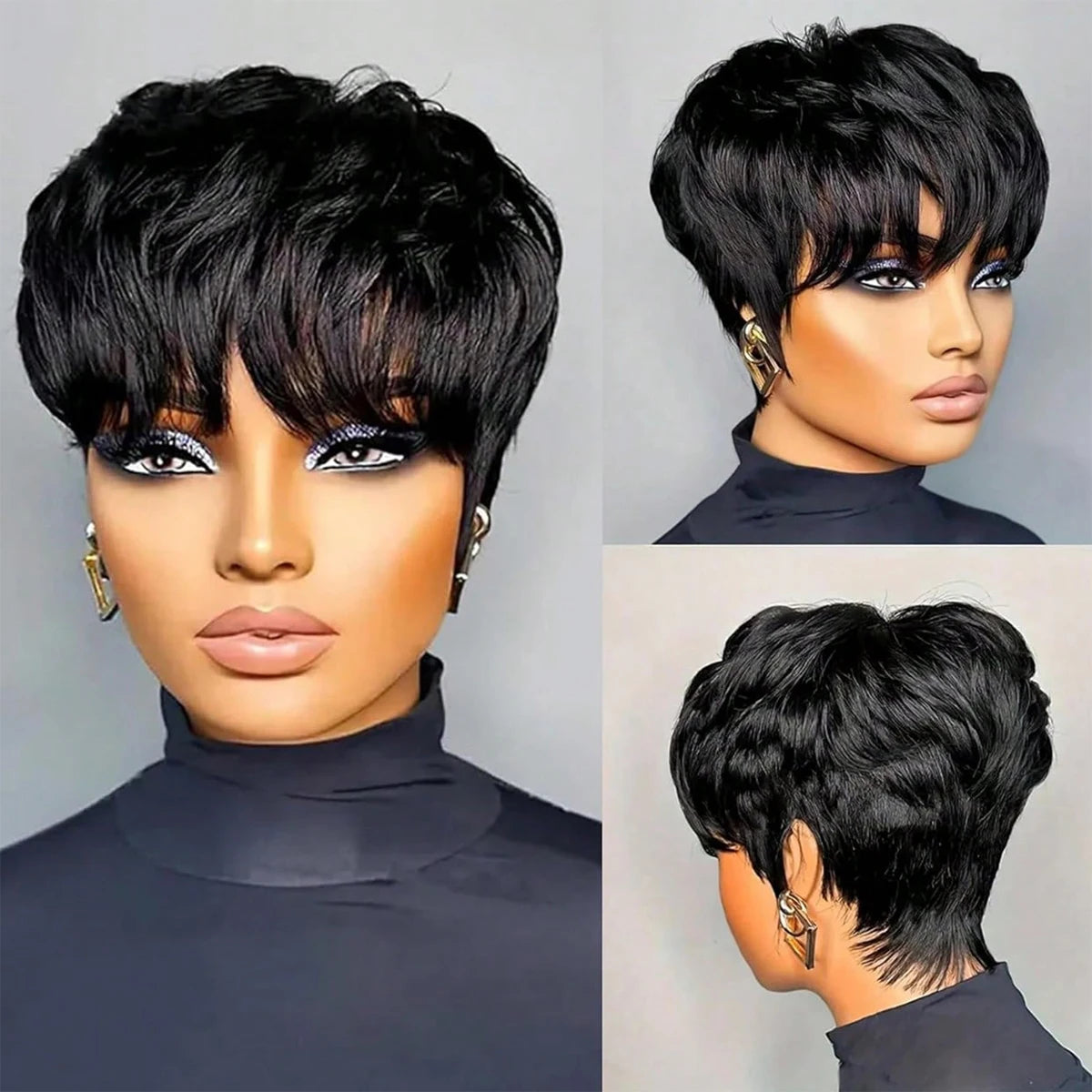 Short Pixie Cut Bob Wig for Black Women | Glueless Synthetic Lace Front Wig with Bangs