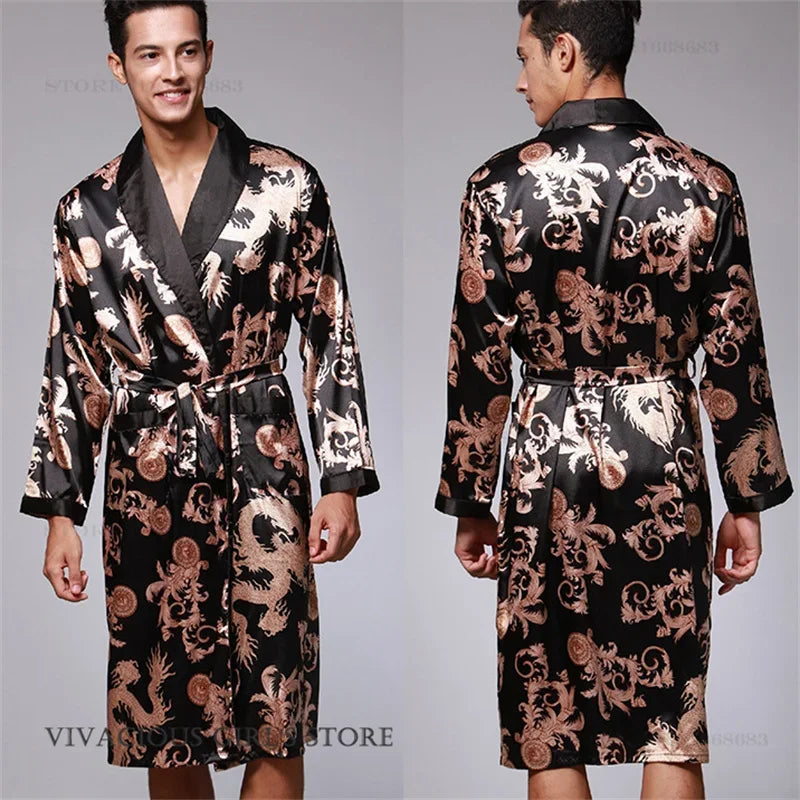 Men's Dragon Print Kimono Bathrobe — Plus Size Satin Robe