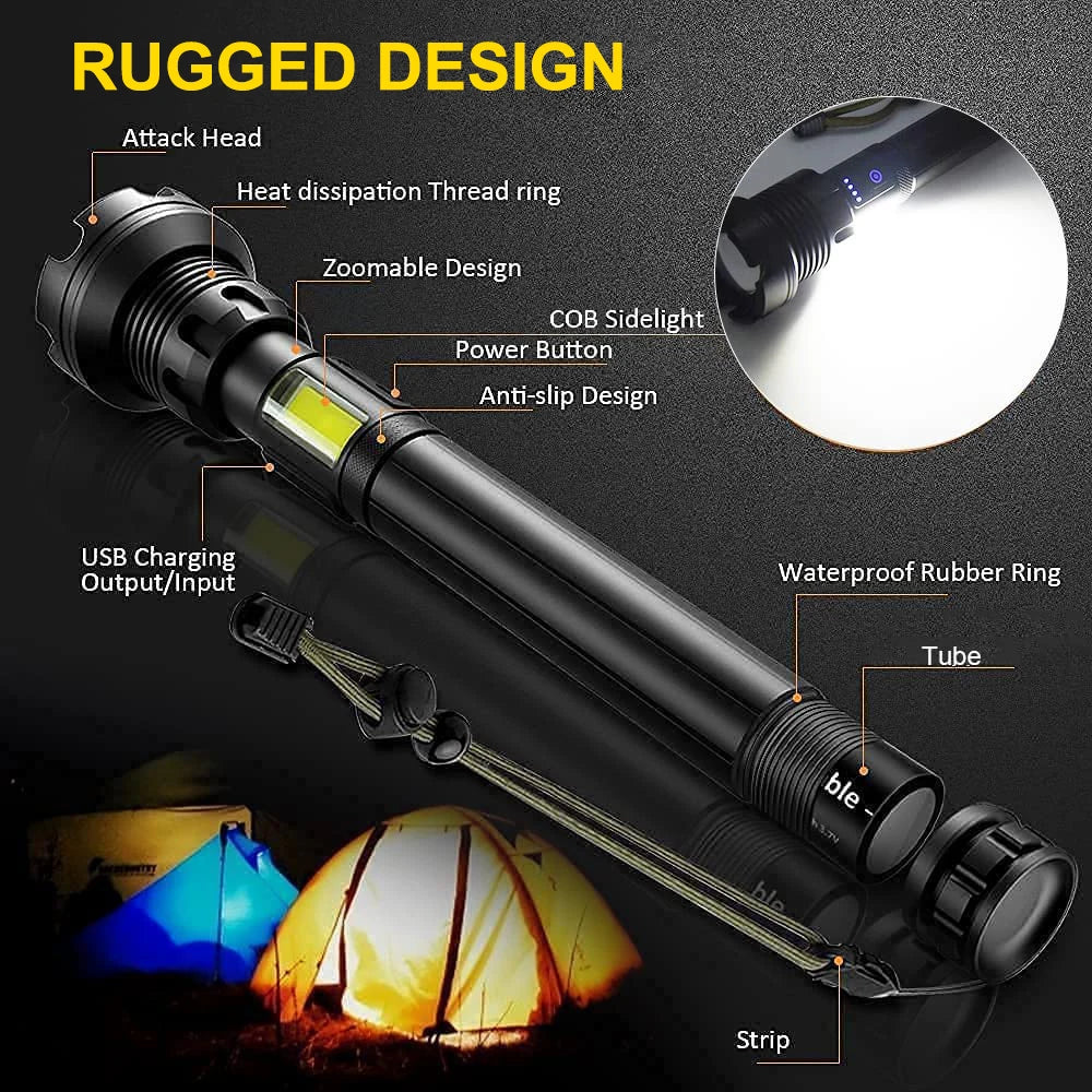 90000 Lumens XHP90 LED Tactical Flashlight – Rechargeable USB Zoomable 7-Mode Torch