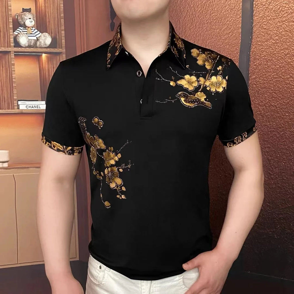 Men's Luxury Floral Embroidered Rhinestone Polo Shirt — Slim Fit Business Banquet Tee